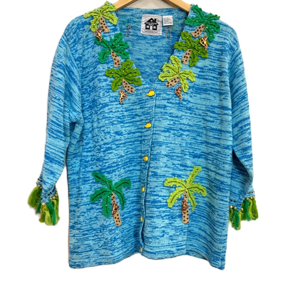 VTG Storybook Knits Sweater Monkey Palm Tree Blue Knit Cardigan Women’s Large‎